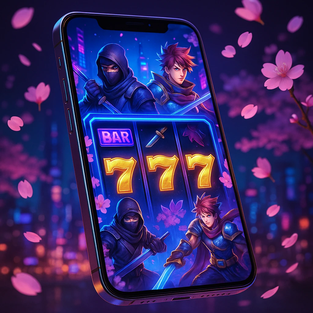 Ilustrasi 3D HD slot Android bertema anime dengan karakter ninja dan pendekar berlatar kota futuristik, menampilkan mesin slot angka 777 dan nuansa bunga sakura.