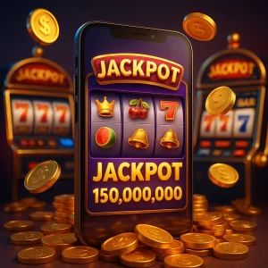Ilustrasi 3D smartphone dengan tampilan slot gacor jackpot dari semua provider di GOCAP4D