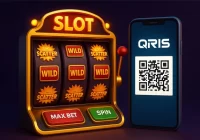 3D ilustrasi mesin slot digital modern dengan elemen QRIS dan simbol scatter aktif di layar