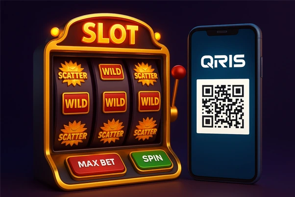 3D ilustrasi mesin slot digital modern dengan elemen QRIS dan simbol scatter aktif di layar