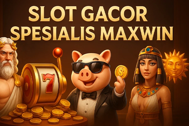 Ilustrasi 3D Slot Gacor Spesialis Maxwin menampilkan mesin slot emas, karakter Zeus, piggy bank elegan, dan ratu Mesir dengan nuansa mewah